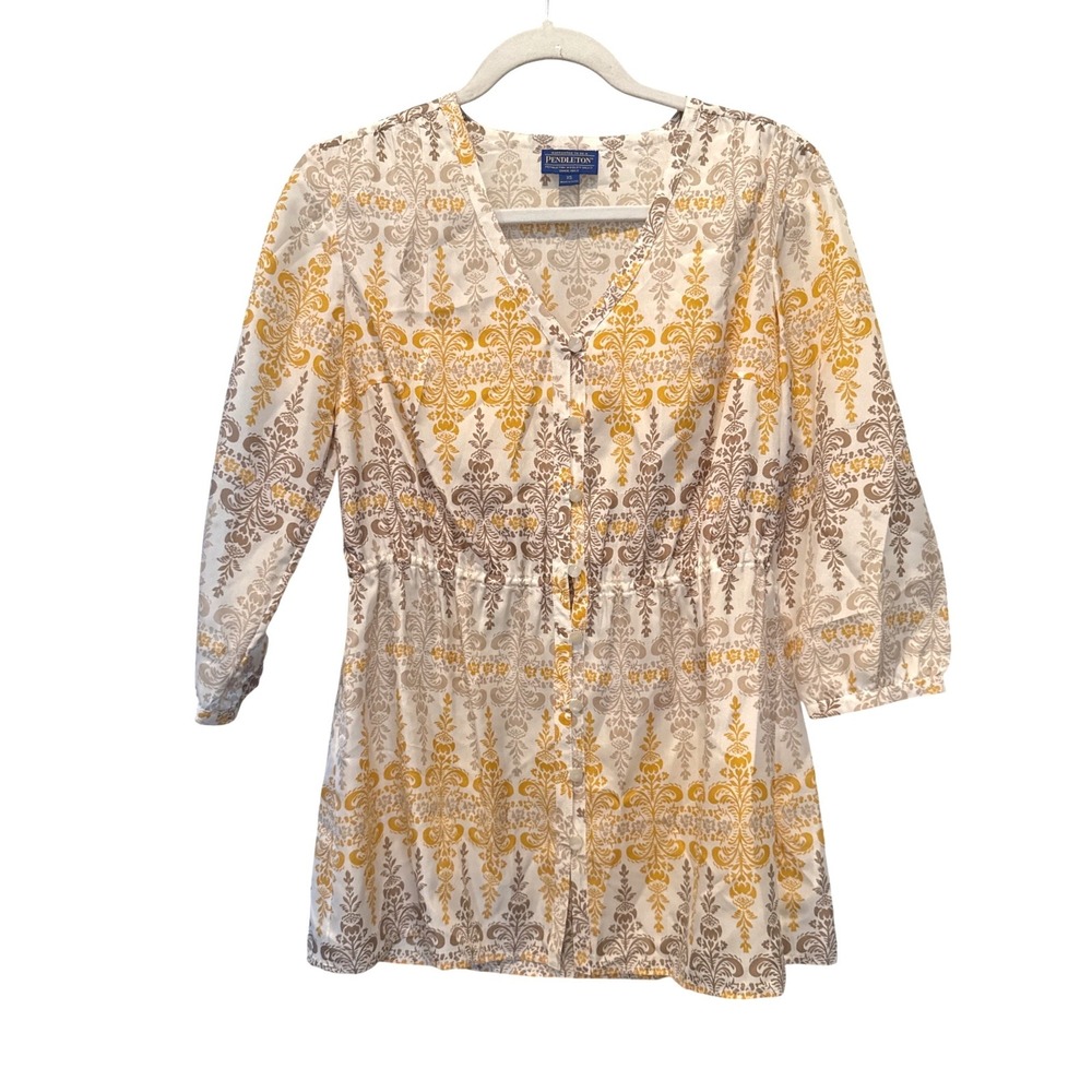 Pendleton Womens Boho Damask Silk Tunic Top XS Yellow Brown Button Up 3/4 Sleeve